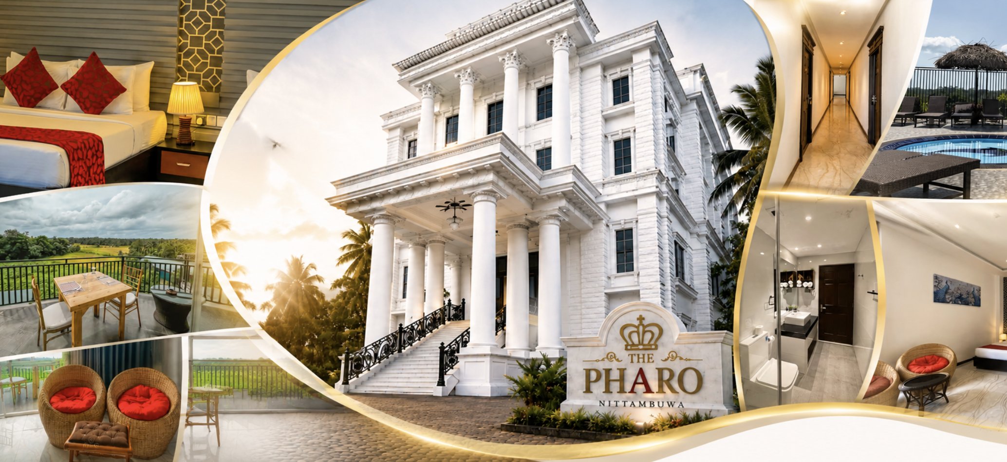 Collage of The Pharo: a bedroom, a balcony over paddy fields, the columned entrance, the rooftop pool, a bathroom and a guest room